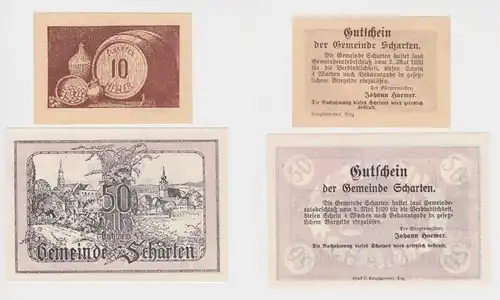 2 Banknoten 10 und 50 Heller Notgeld Gemeinde Scharten (140572)