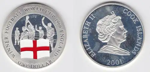 1 Dollar Farb Silber Münze Cook Inseln 2001 Fußballweltmeister England (141427)