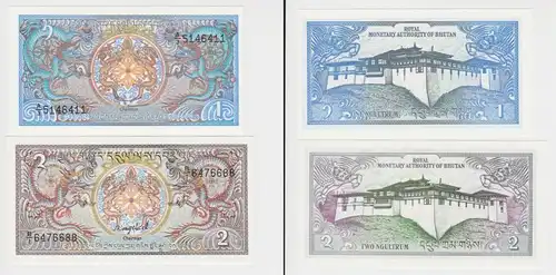 1 und 2 Ngultrum Banknote Bhutan 1986 bankfrisch UNC (131978)