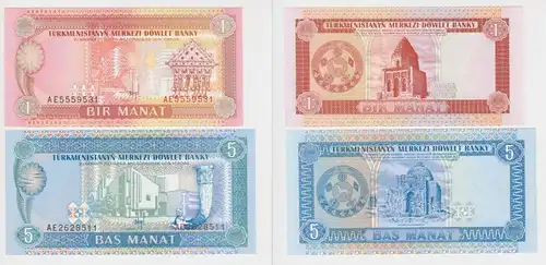 1 und 5 Manat Banknote Turkmenistan 1993 kassenfrisch UNC (136372)