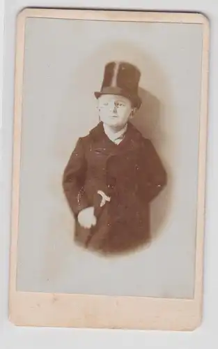 92248 Kabinett Foto Kind mit Zylinder, Kneifer, Stock und Mantel um 1900