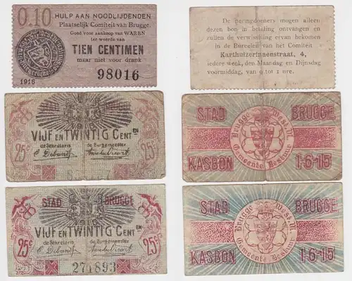 3x Banknote Belgien Stadt Brugge 10 - 25 Centiemen  1915/1916 (159587)