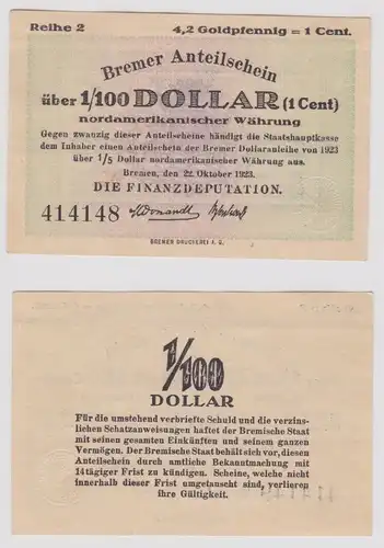 1/100 Dollar Banknote Bremen Finanzdeputation 4,2 Goldpfennig 22.10.1923 /119407