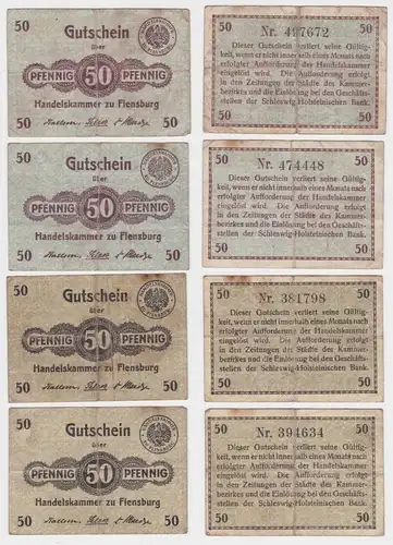 4x 50 Pfennig Banknote Notgeld Gutschein Handelskammer Flensburg (159109)