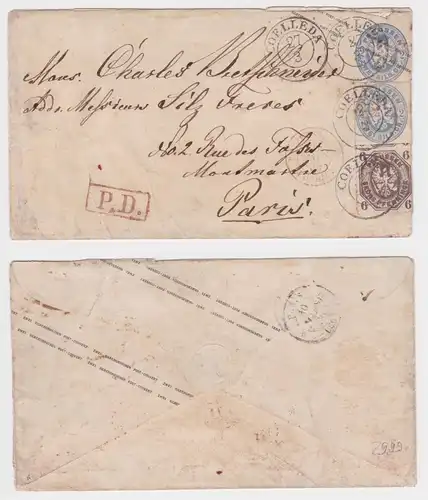 900821 AD Preußen Michel U27 + 15 + 17 K2 Coelleda nach Paris Frankreich 1865