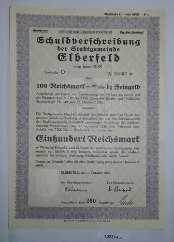 100 RM Schuldverschreibung Stadtgemeinde Elberfeld 1. Oktober 1928 (132374)