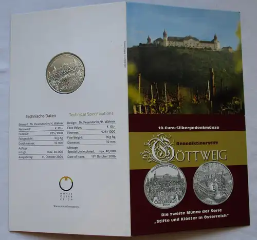 Mappe 10 Euro Silbermünze Österreich Benediktinerstift Göttweig 2006 (125454)