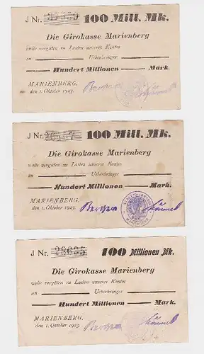 3 x 100 Million Mark Banknoten Girokasse Marienberg 01.10.1923 (118835)