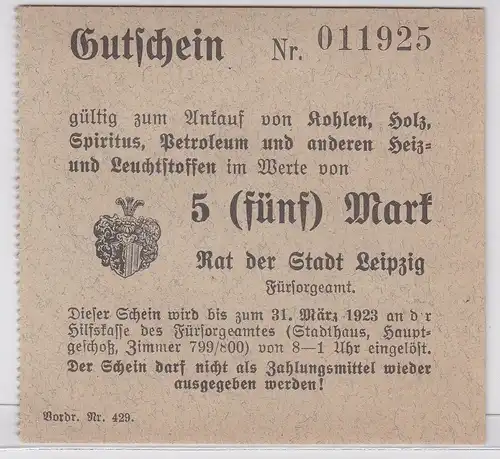 5 Mark Kohle Holz Gutschein Stadt Leipzig 31.März 1923 (120658)