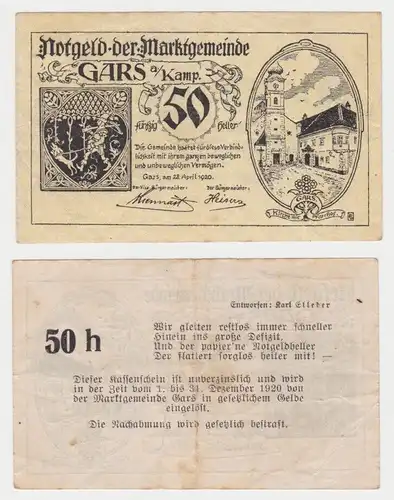 50 Heller Banknote Notgeld Marktgemeinde Gars a. Kamp (151718)