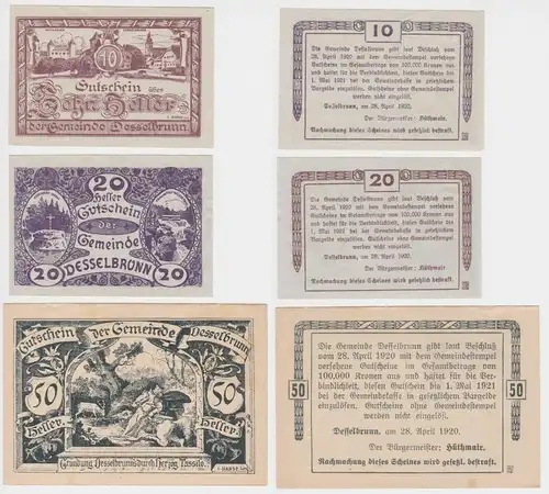 3 Banknoten 10 bis 50 Heller Notgeld Gemeinde Desselbrunn (150783)