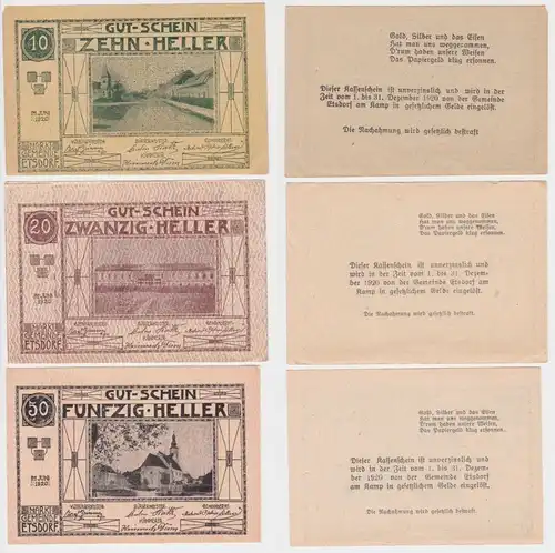 3 Banknoten 10 bis 50 Heller Notgeld Gemeinde Etsdorf Juni 1920 (143966)