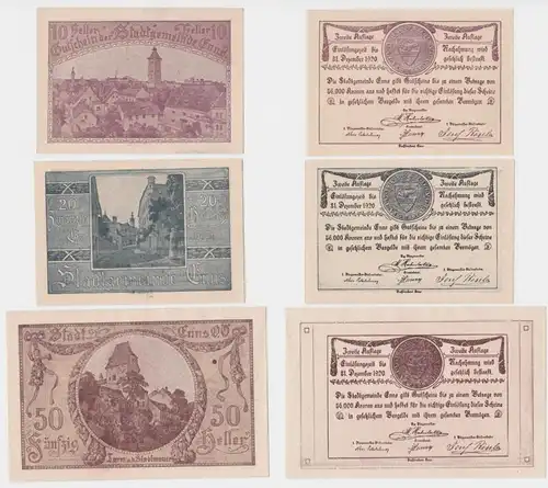 3 Banknoten 10 bis 50 Heller Notgeld Stadtgemeinde Enns (144407)