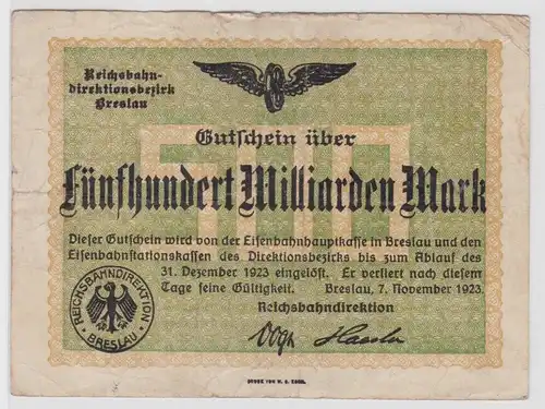 500 Milliarden Mark Banknote Reichsbahndirektion Breslau 7.11.1923 (138223)