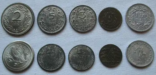 5 seltene alte Spiel Münzen 5 Pfennig bis 5 Mark + 1 Franken (152377)