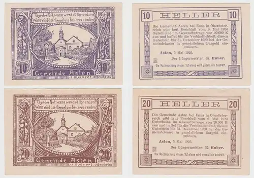 2 Banknoten 10 und 20 Heller Notgeld Gemeinde Asten 09.05.1920 (151664)
