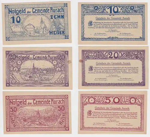 3 Banknoten 10 bis 50 Heller Notgeld Gemeinde Aurach 1920 (154289)