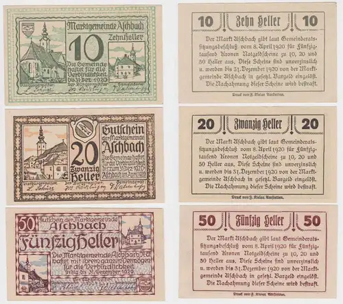 3 Banknoten 10 bis 50 Heller Notgeld Marktgemeinde Aschbach 1920 (154530)