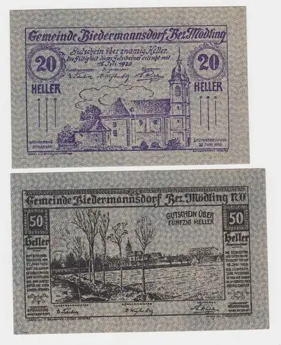 2 Banknoten 20 und 50 Heller Notgeld Gemeinde Biedermannsdorf (154666)