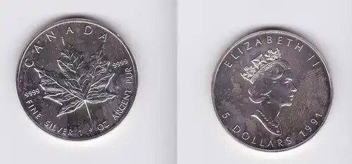 5 Dollar Silber Münze Kanada Meaple Leaf 1991 1 Unze Feinsilber (119624)