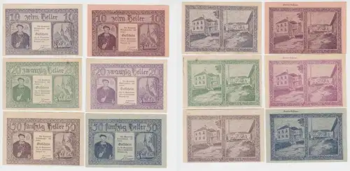 6x 10, 20 und 50 Heller Banknote Holzhausen 1.und 2. Auflage (137888)