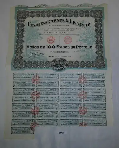 100 Francs Aktie Etablissements A. Lecomte Dakar 31. Oktober 1928 (127780)