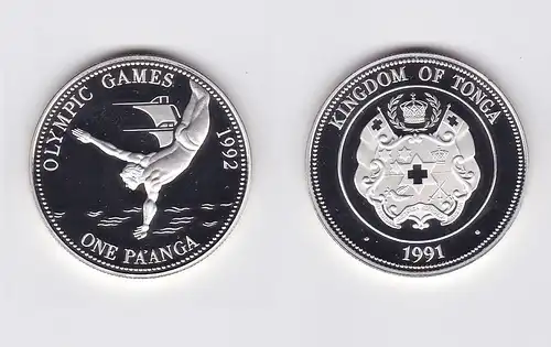 1 Pa´anga Silber Münze Tonga Olympia Barcelona 1992, Turmspringer 1991 (119683)