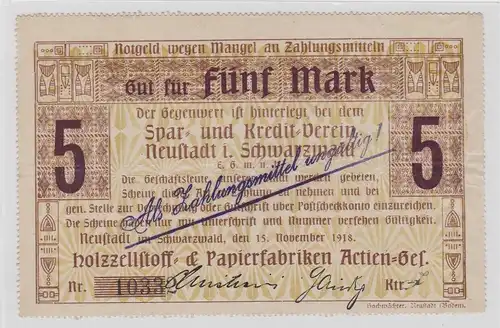 5 Mark Banknote Notgeld Sparverein Neustadt im Schwarzwald 15.11.1918 (132902)