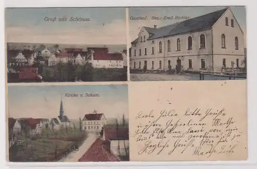 99436 Mehrbild Ak Gruß aus Schönau Gasthof, Kirche, Schule usw. 1914