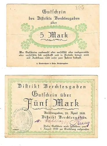 5 Mark Banknote Gutschein Notgeld Distrikt Berchtesgaden 29.April 1919 (115174)