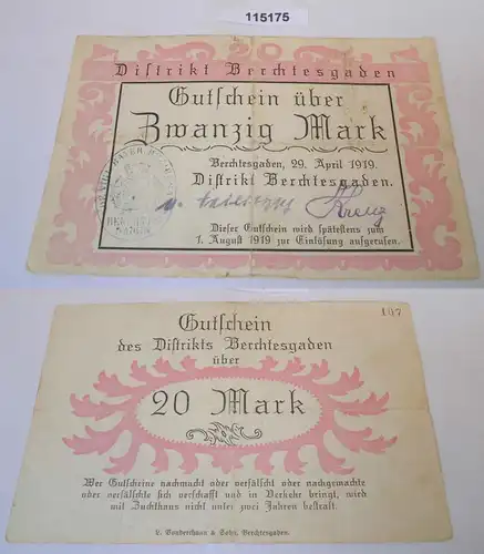 20 Mark Banknote Gutschein Notgeld Distrikt Berchtesgaden 29.April 1919 (115175)