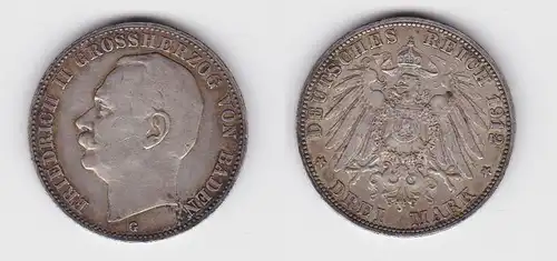 3 Mark Silbermünze Baden Großherzog Friedrich II 1912 Jäger 39  (112010)