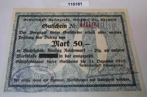 50 Mark Banknote Notgeld Gewerkschaft Kaisergrube Gersdorf Bez.Chemnitz (115181)