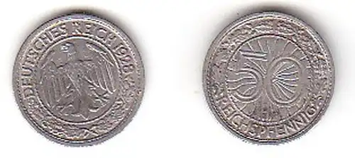 50 Pfennig Nickel Münze Weimarer Republik 1928 J (115237)