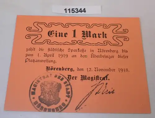 1 Mark Banknote Notgeld städtische Sparkasse in Nörrenberg 12.11.1918 (115344)