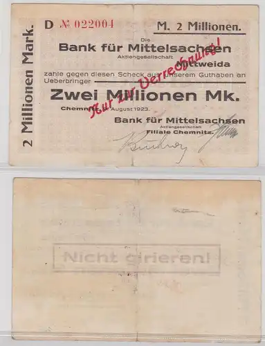 2 Millionen Mark Banknote Bank für Mittelsachsen Mittweida 9.8.1923 (122919)