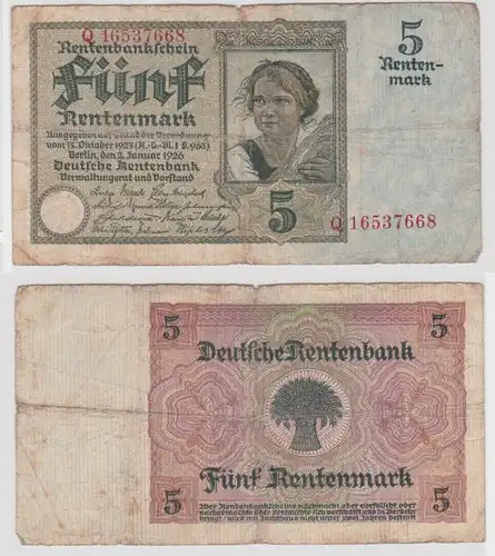 5 Rentenmark Banknote Weimarer Republik 2.1.1926 Ro Nr.164 b (143666)