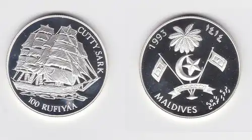 100 Rufiyaa Silbermünze Malediven 1993 Segelschiff Cutty Sark (116478)