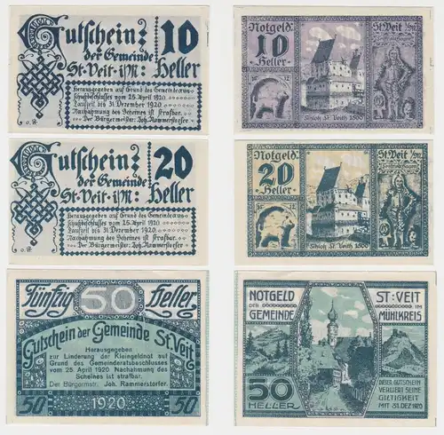 10, 20 und 50 Heller Banknoten Notgeld Gemeinde St.Veit im Mühlkr. 1920 (154782)