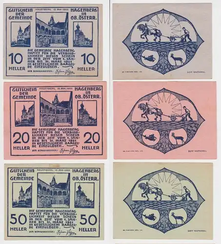 10,20 und 50 Heller Banknoten Notgeld Gemeinde Hagenberg in O.Ö. 1920 (154510)