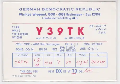 68894 QSL Karte Amateur Funker DDR Breitungen 1988