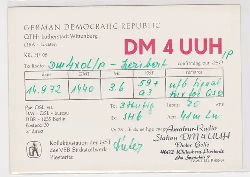 67667 QSL Karte Amateur Funker DDR VEB Stickstoffwerk Piesteritz GST 1972