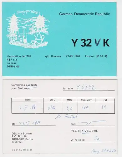 73568 QSL Karte Amateur Funker DDR Klubstation THI Ilmenau 1988
