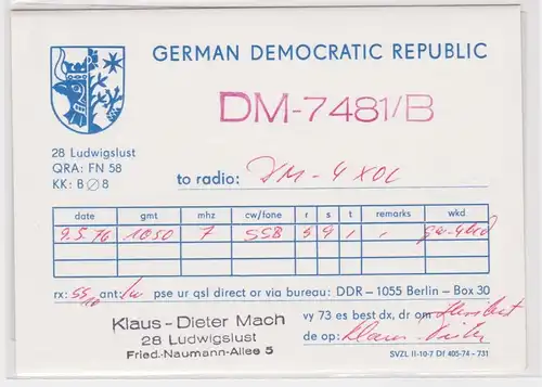 55866 QSL Karte Amateur Funker DDR Ludwigslust mit Stadtwappen 1976
