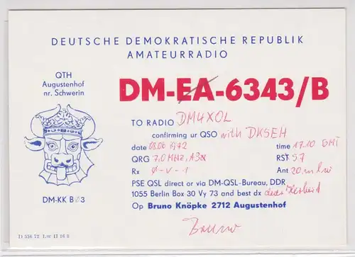 71975 QSL Karte Amateur Funker DDR Augustenhof Nähe Schwerin Wappen 1972