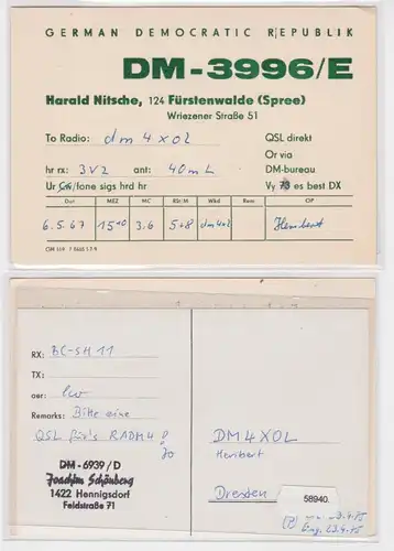 58940 QSL Karte Funker Funkamateur DDR Fürstenwalde Spree 1967