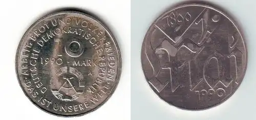 DDR Gedenk Münze 10 Mark 100.Jahre 1.Mai Feiertag 1990 (111122)