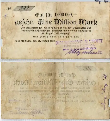 1 Million Mark Banknote StadtHagen Oldenburgische Glashütte 1923 (126321)