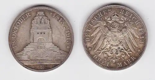 3 Mark Silber Münze Sachsen Völkerschlachtdenkmal Leipzig 1913 f.vz (150254)