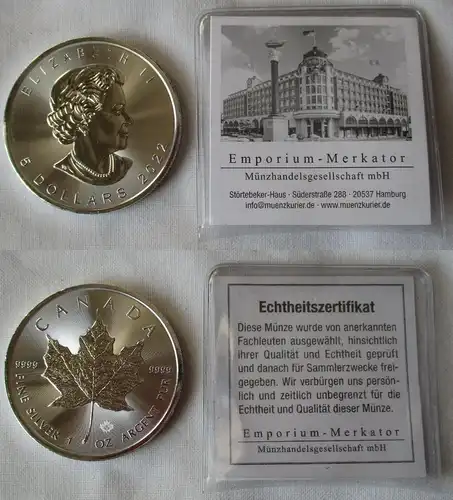 5 Dollar Silber Münze Kanada Meaple Leaf 2022 1 Unze Feinsilber (141626)